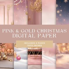 the pink and gold christmas digital paper is shown in several different images, including one with snowflakes