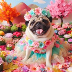 a pug dog wearing a flower crown sitting on top of a bed of flowers