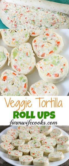 veggie tortilla roll ups on a white plate with text overlay