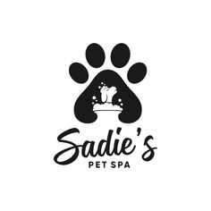 the logo for sadie's pet spa, which is located in front of an animal paw