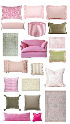 a collage of pink and green pillows, couches, and throw pillows on white background