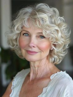 Elegant Hairstyles for Women Over 70: Timeless and Stylish Options Bob Hairstyles With Long Bangs, Curly Hairstyles For Women Over 50, Permed Bob Hairstyles, Hair Styles For Women Over 70, Hairstyles With Long Bangs, White Wavy Hair, Curly Styles