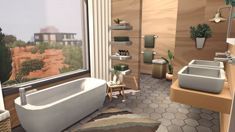 a bathroom with a tub, sink and toilet is shown in this artist's rendering