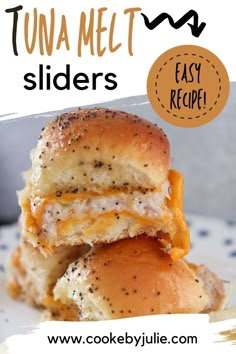 a stack of tuna melt sliders Tuna Melt Sliders, Dinner Ideas With Tuna, Tuna Melt Sliders Recipe, Hawaiian Roll Tuna Melt Sliders, Tuna Sliders Recipes, Seafood Sliders, Golden Diner Tuna Melt, Perfect Tuna Melt, Open Face Tuna Melt