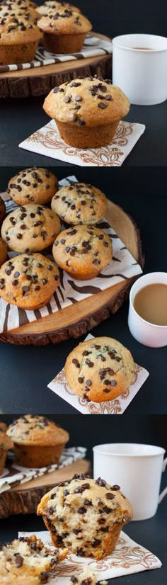 chocolate chip muffins and cup of coffee on a wooden tray with napkins