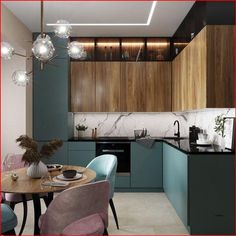 a kitchen and dining area with marble counter tops, wooden cabinets, and blue chairs