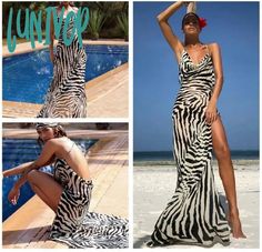 a woman in a zebra print dress sitting next to a pool