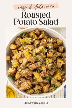 the recipe for roasted potato salad in a white bowl