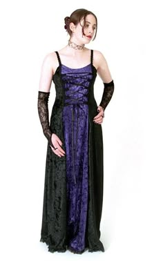 "This elegant dress is made from a quality crushed velvet. The dress comes in black with a contrast front panel in deep wine or rich royal purple. The straps are made from an ornate black braid. The top of the front panel features a laced satin ribbon detail, this is practical as well as decorative. The ribbons can be adjusted to ensure the dress fits snugly around the chest and waist. The bottom of the dress is very full and falls into deep drapes. The hemline is finished with a gathered lace t Velvet Corset Dress For Costume Party, Gothic Velvet Dress For Costume Party, Trad Goth Outfits, Gothic Summer, Summer Evening Dress, Fairytale Gown, Vampire Goth, Gown Photos, Strappy Dress