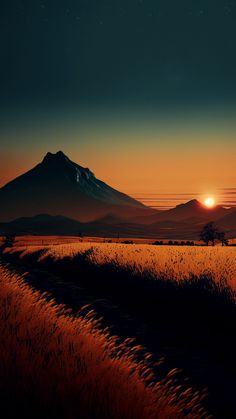 the sun is setting over a field with tall grass and mountains in the back ground