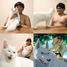 three pictures of men with cats and dogs in front of them, one man holding a cat