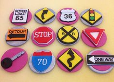 there are many different types of road signs on this pinback button set that you can use to make your own pins