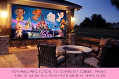 an outdoor movie screen is lit up at night with cartoon characters on it and the text, for wall projection, tv computer screen, phone link link link to watch full video music in description