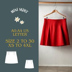 a red skirt hanging on a clothes rack with the words ao - 4 us letter size 2 to 30 xs to 4xl