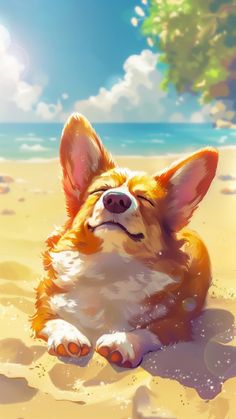 a painting of a corgi laying in the sand