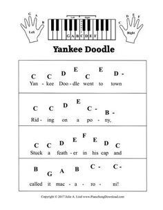 a sheet with the words yankee doodle written on it and an image of piano keys