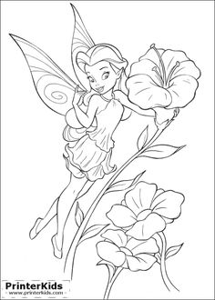 the tinkerbell fairy coloring page is shown with flowers and leaves on it's side