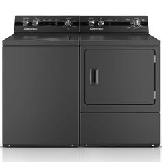 a black washer and dryer sitting next to each other on a white surface