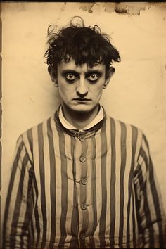 an old photo of a man with black makeup and striped shirt on, looking at the camera