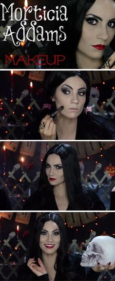 three different images of a woman with black hair and make - up on her face