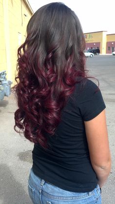 Dark Colour Hair Ideas, Red Wine Hair Color Ombre Dark Brown, Ombre Cherry Red Hair, Dark Brown Hair With Red Ends, Cherry Cola Hair Color With Highlights Dark Brown Red Ombre, Red Half Up Half Down, Wine Highlights On Dark Hair, Cherry Red Highlights In Black Hair, Dark Red And Brown Hair