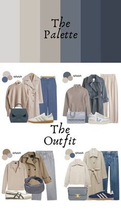 Soft Summer Blue Outfit, Muted Cool Color Outfits, Soft Summer Wardrobe Basics, Grey Color Palette Outfit, Soft Autumn Blue Outfit, Summer Palette Capsule Wardrobe, Grey Trench Coat Outfit, Wardrobe Color Guide