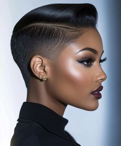 A slicked back undercut with a defined part, adding structure and style to the look. Perfect for a clean and sophisticated appearance. Slicked Back Pixie Cut, Natural Straightened Hair Black Women, Rose Gold Short Hair Black Woman, Afro Updo Hairstyles, Pixie Cut With Color Black Women, Short Pixie With Color For Black Women, Black Women Bold Haircut, Back Undercut, Rihanna Black Pixie Cut