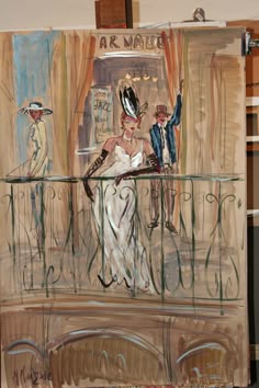 a painting of two people on a balcony, one wearing a hat and the other in a dress