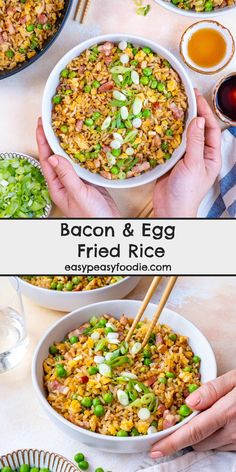 bacon and egg fried rice in a bowl with chopsticks