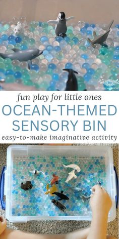 an ocean themed activity bin for kids to play with sea animals and bubbles in the water