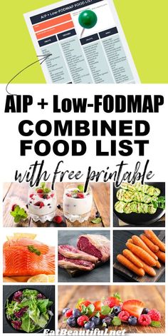 This AIP + Low-FODMAP Combined Food List serves as a guideline for daily eating and grocery shopping. Use the free printable to post a list of compliant foods where it's easy to see. Bring it with you to the grocery store, or use it to create your shopping list. | Eat Beautiful | aip | low fodmap | food list | free | printable | health || #aip #lowfodmap #free #printable #food #list Antiinflammatory Food List Printable, Fodmap Recipes Lunch, Fodmap List, Low Fodmap Food List, Gut Foods, Ra Diet, Low Fodmap Fruits, Fodmap Food List, Low Fodmap Vegetables