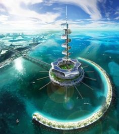 an artist's rendering of a futuristic city in the middle of the ocean, surrounded by water