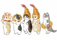 a group of cats standing next to each other in front of a chicken hat on top of their heads