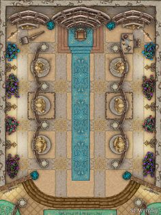 an aerial view of a room with blue and gold accents