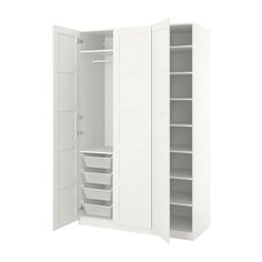 an open white closet with shelves and bins on the door, isolated against a white background