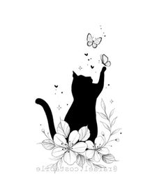 a black cat sitting on top of flowers with butterflies flying over it's head