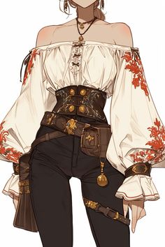 Pirate Outfit Fantasy Art, Adventuring Outfit Dnd, Cute Fantasy Outfits Drawing, Anime Outfit Designs Female, Drawing Fantasy Clothes, Fantasy Outfits Design Fem, Anime Pirate Woman, Fighter Outfit Character Design