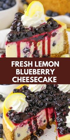 fresh lemon blueberry cheesecake on a white plate