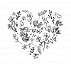 a black and white drawing of flowers in the shape of a heart