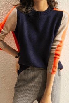 Round Neck Navy and Orange Retro Stripe Sweater Casual Multicolor Workwear Sweater, Orange Color Block Crew Neck Sweater, Casual Color Block Sweater For Work, Sporty Multicolor Fall Sweater, Sporty Multicolor Sweater For Fall, Half Sleeve Cardigan, Orange Retro, Navy And Orange, Midi Shift Dress