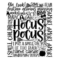 a black and white poster with the words hocps pocuss in different languages