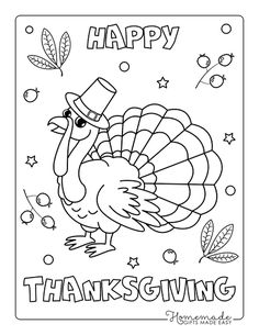 happy thanksgiving coloring pages for kids and adults with turkey in top hat on white background