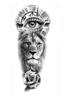 a black and white drawing of a lion with an eye on it's head