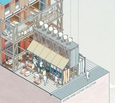 an architectural drawing of a building with people standing outside and looking at the floor plan