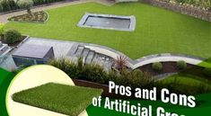 an aerial view of a lush green lawn with the words pros and cons of artificial grass