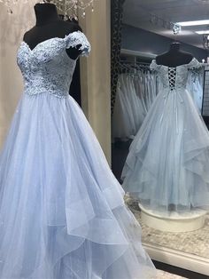 Off the Shoulder Light Blue Formal Occasion Dress Blue Wedding Dress With Lace-up Back, Light Blue Graduation Dress, Light Blue Ball Gown, Lace Long Prom Dress, Preppy Prom, Dress Pictures, Formal Occasion Dress, Puffy Dresses, Preppy Clothes