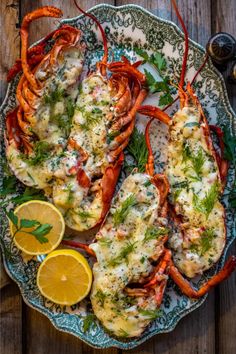 4 lobster halves topped with broiled cream, cheese and herbs. Dennis Prescott, Lobster Thermidor, Lobster Dishes, Live Lobster, Lobster Recipes, Fish Dishes, Seafood Dishes, Finger Food, Fish Recipes