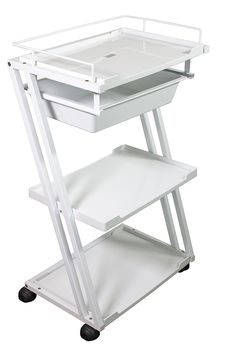 a white cart with two trays on wheels and one is holding a baby's changing table