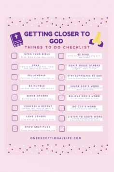 a pink checklist with the words getting closer to god on it and an image of a