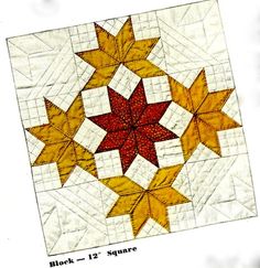 an image of a star quilt pattern on the front of a white sheet with red and yellow leaves